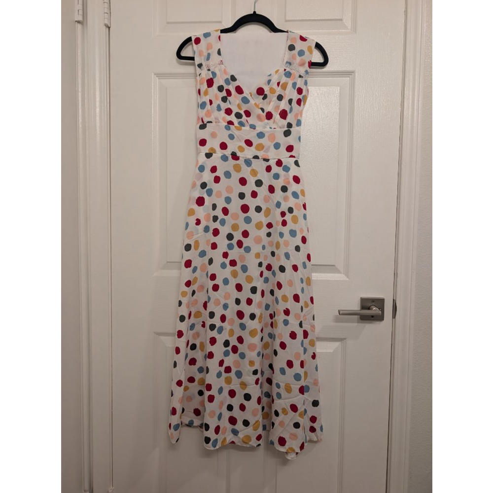Vintage-Inspired Multi-Color Polka Dot A-Line Midi Dress Fun Rainbow Teacher - Picture 2 of 8